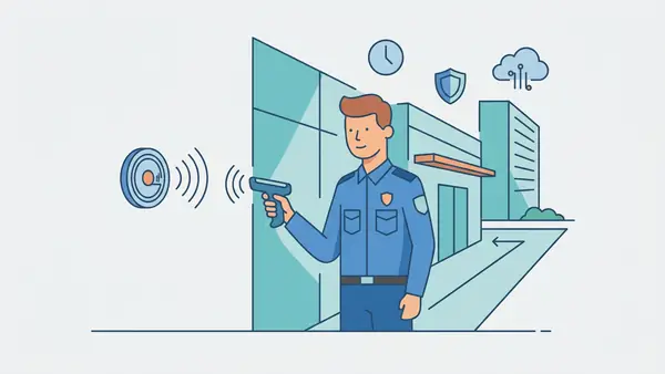Security guard scanning an RFID checkpoint tag during a patrol round