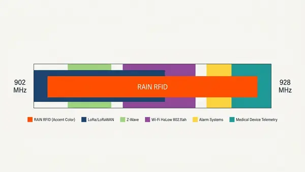 Multiple wireless technologies sharing the 900 MHz ISM band, RAIN RFID frequency range highlighted alongside LoRa, Z-Wave, and Wi-Fi HaLow