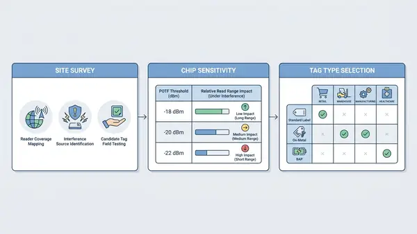 RFID tag selection workflow for interference-prone environments showing three stages: site survey, chip sensitivity comparison table, and tag type decision matrix for standard label, on-metal, and BAP tags