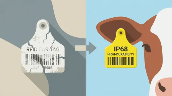 Side-by-side comparison of a damaged, faded RFID ear tag next to a durable IP68-rated tag still legible after field use
