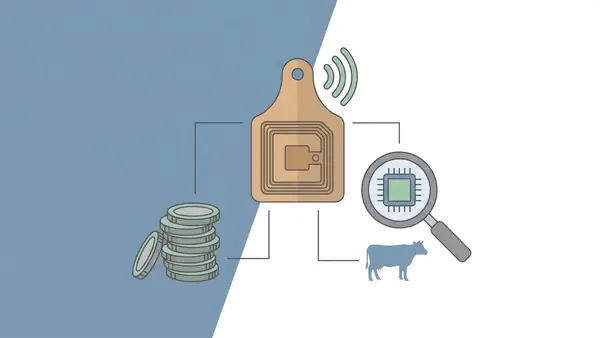 Yellow UHF RFID ear tag for cattle showing dual-frequency chip and size