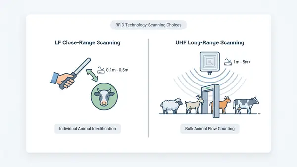 Decision-flow diagram contrasting a handheld wand scanning a single animal under LF versus a gate-mounted panel reader scanning a herd under UHF