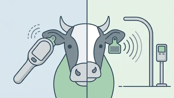 Comparison photo of a small LF button ear tag being scanned at close range with a wand next to a larger UHF or dual-frequency ear tag being read from a distance at a gate
