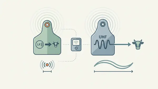 LF and UHF RFID ear tags for livestock shown side by side with read range icons