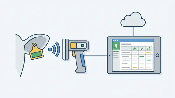 RFID animal tracking workflow showing ear tag, reader, and farm record system
