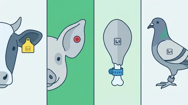 Side-by-side comparison of ear tag, round stud tag, leg band, and closed ring attachment methods