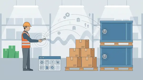 Warehouse worker using RFID to count tagged cartons and shelves