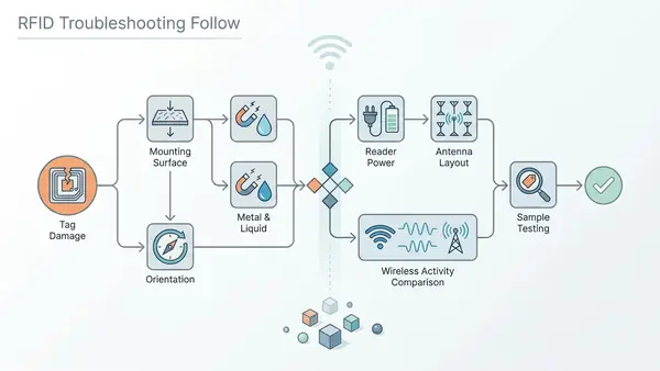 Troubleshooting flowchart for UHF RFID read failures near wireless equipment